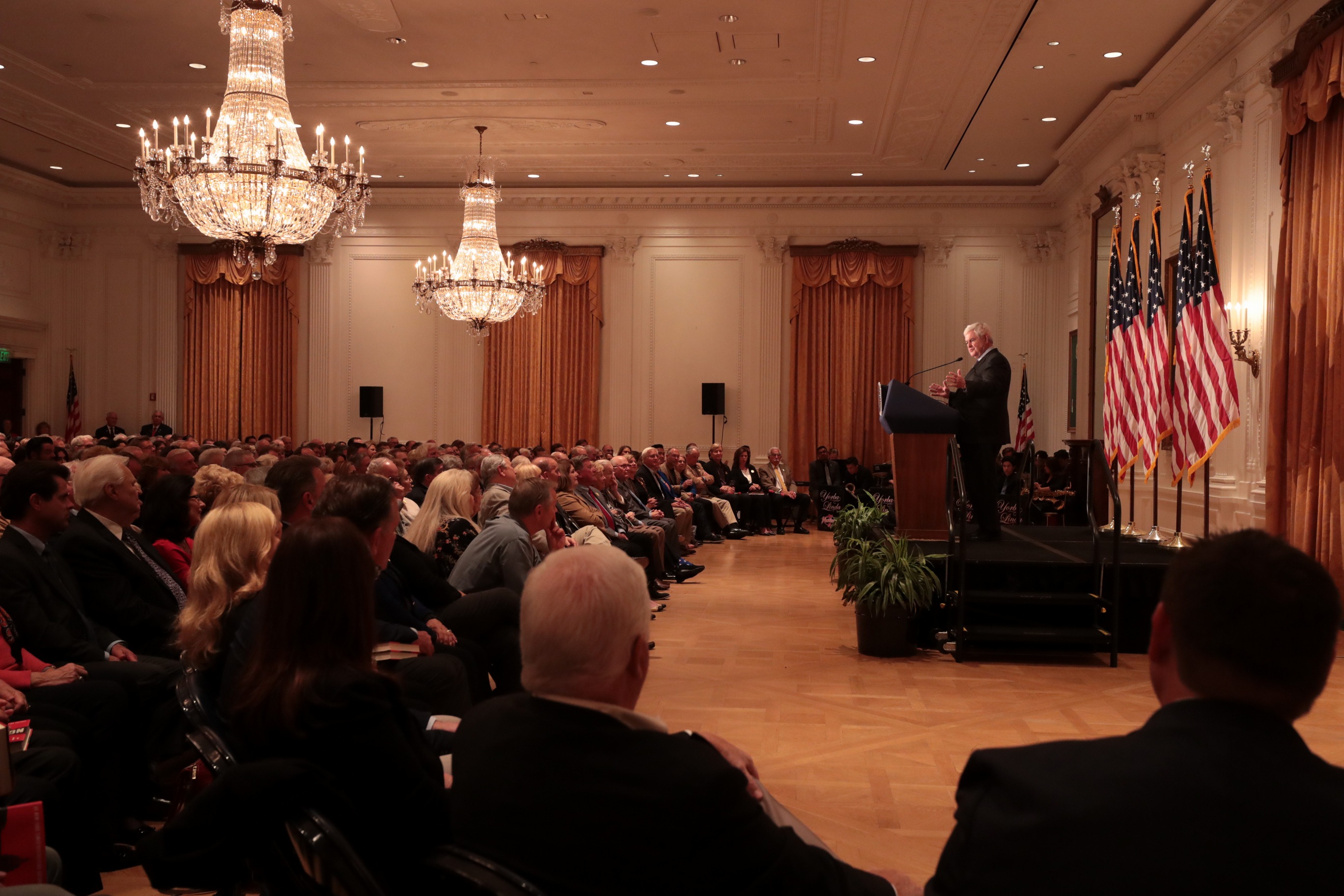 Newt Gingrich addresses crowd at Nixon Library